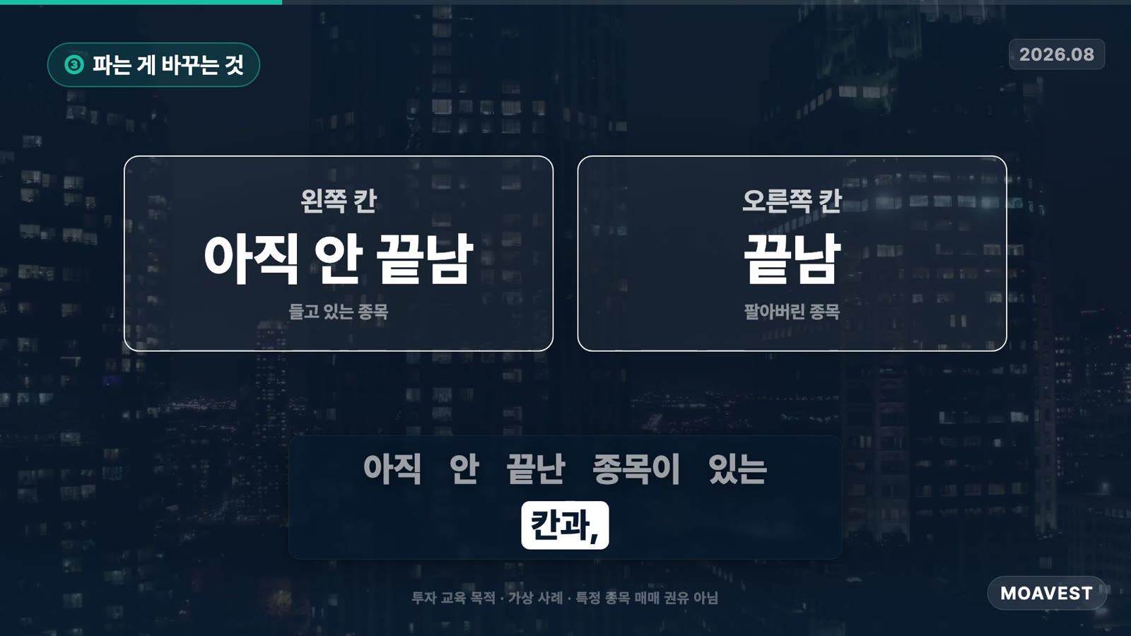 계좌의 두 칸 — 왼쪽 칸은 아직 안 끝난 종목, 오른쪽 칸은 팔아서 끝난 종목